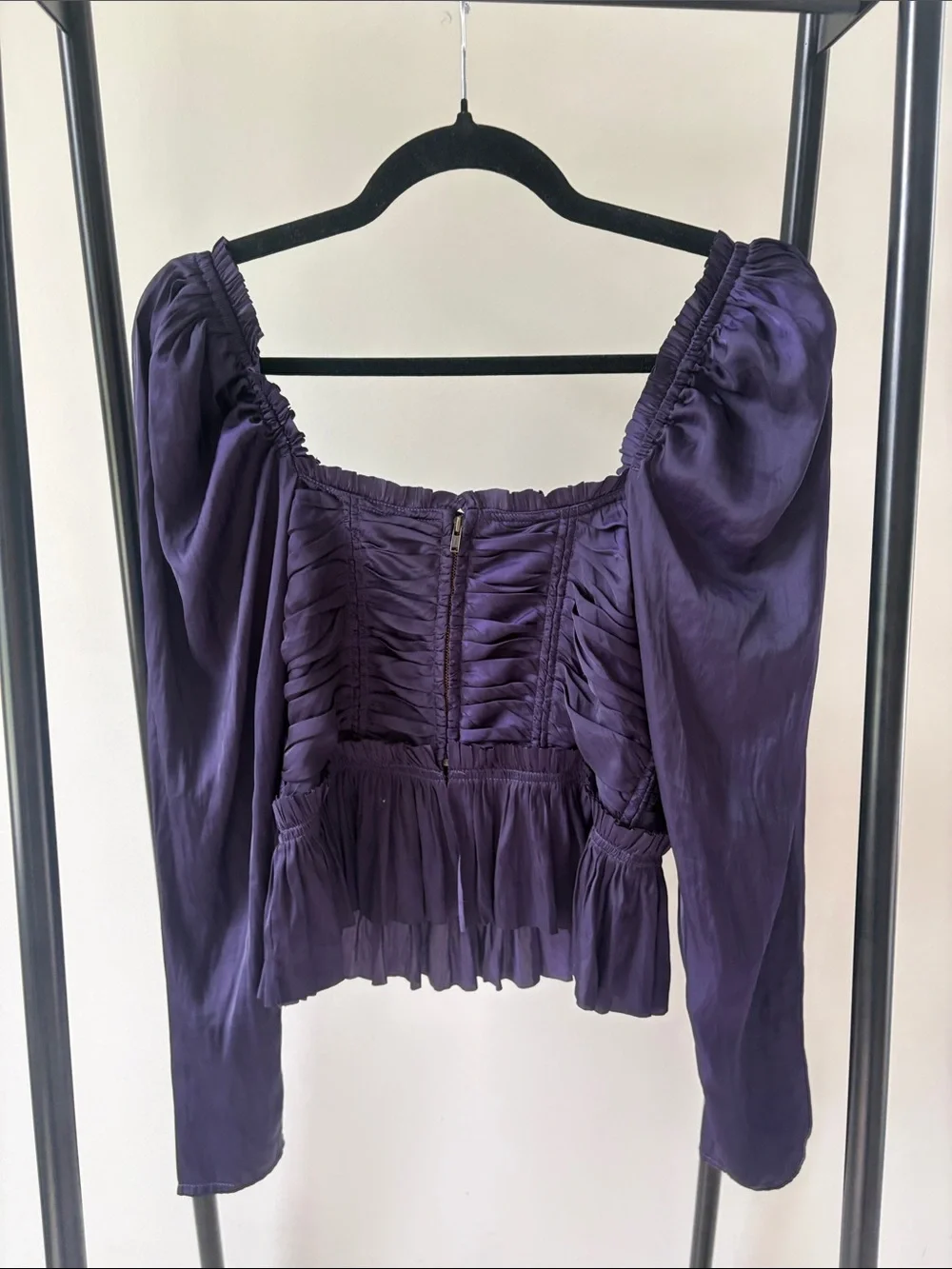 Ulla Johnson Mia Ruched Satin Peplum Blouse in Purple
